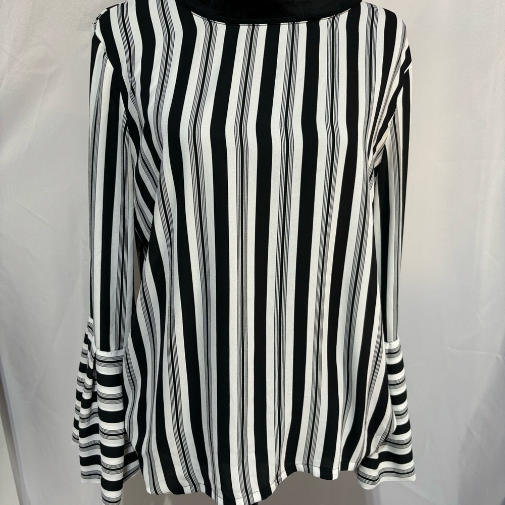LOFT Black White Strip Bell Sleeve Top Size M